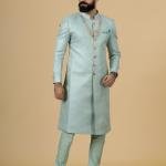 Stunning Sea Foam Banarasi Brocade Achkan for Men | Father-Son Combo | Pastel Sherwani | Grooms & Weddings | Jaipurio